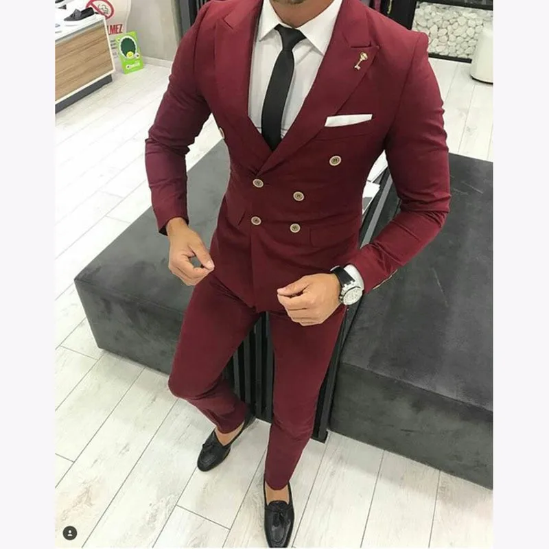 

Veiai Burgundy wedding Men Suit Double Breasted Jacket Slim Fit 2 Piece Tuxedo Groom Blazer Prom mens Suits
