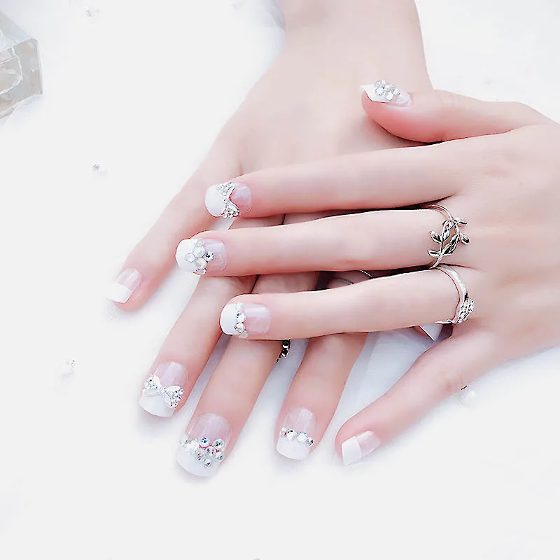 

24pcs/set French Style Clear White Color False Fake Bride Beauty Shining Rhinestone False Nails DIY Nail Art Tips with Glue