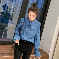 Новая рубашка синий Весна 2019 тонкий пульсация прилив Для женщин асимметричный верх Для женщин шифоновая майка, блуза де Gasa сорочка Dentelle NAC061