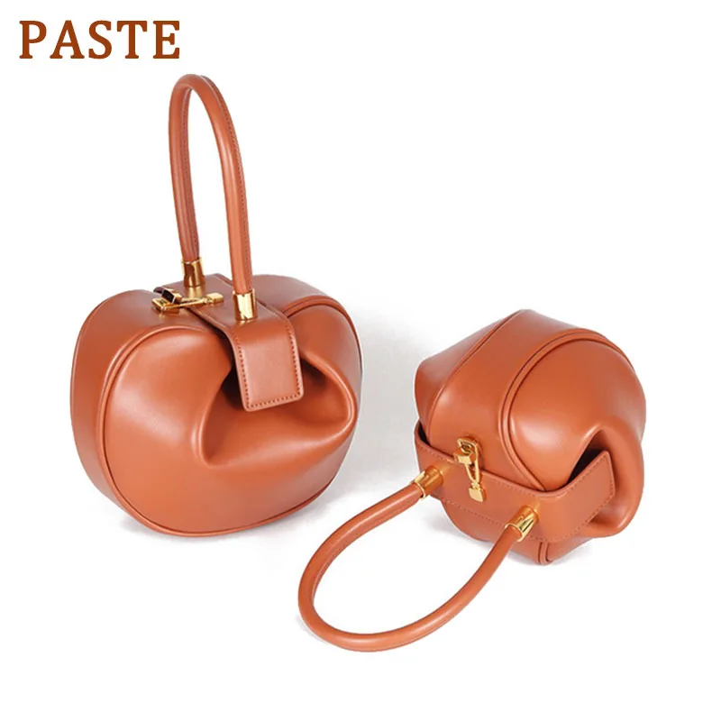 

PASTE 2019 Vintage Pillow Boston Box Barrel Round Genuine Leather Handbags Tote Clutches Evening Bags Small Female Wrist Bags