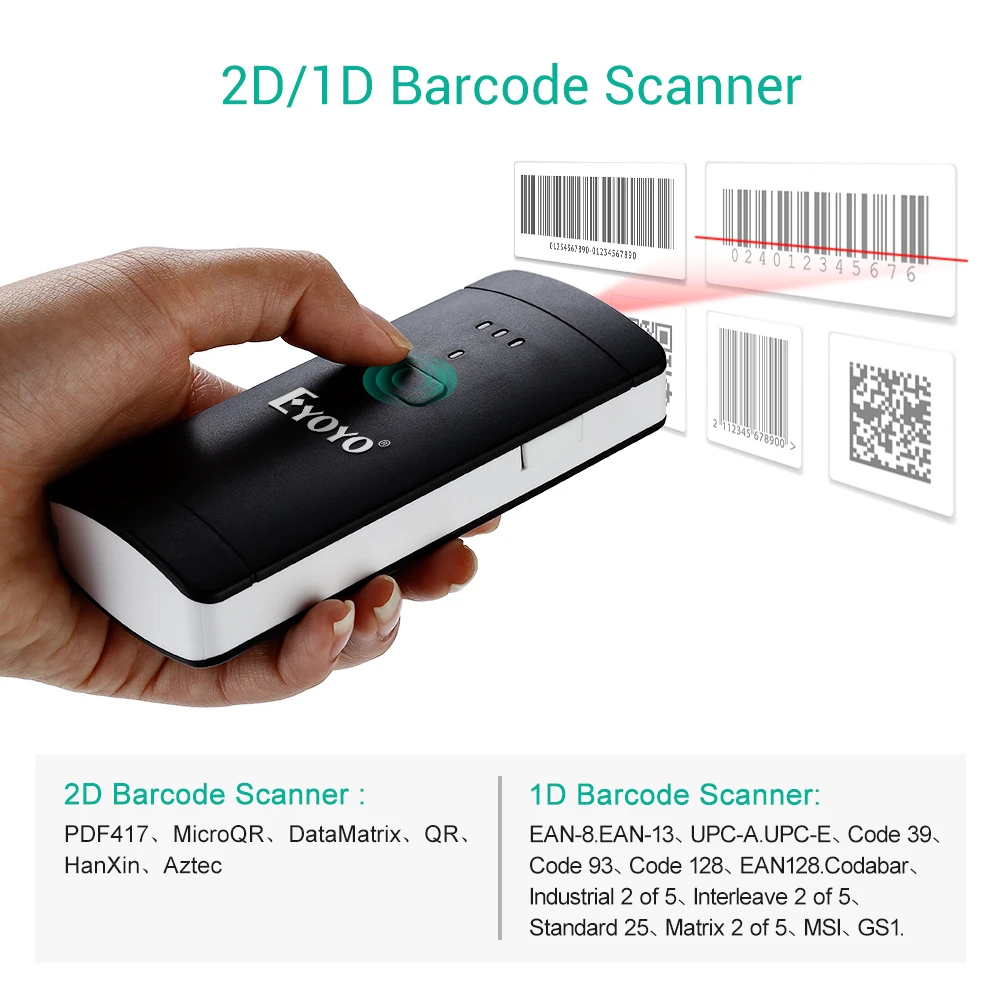 EYOYO EY-002S اللاسلكية 2D ماسحة 1D 2D PDF417 QR كود جيب اللاسلكية الباركود ماسحة لنظام أندرويد IOS ماك ويندوز