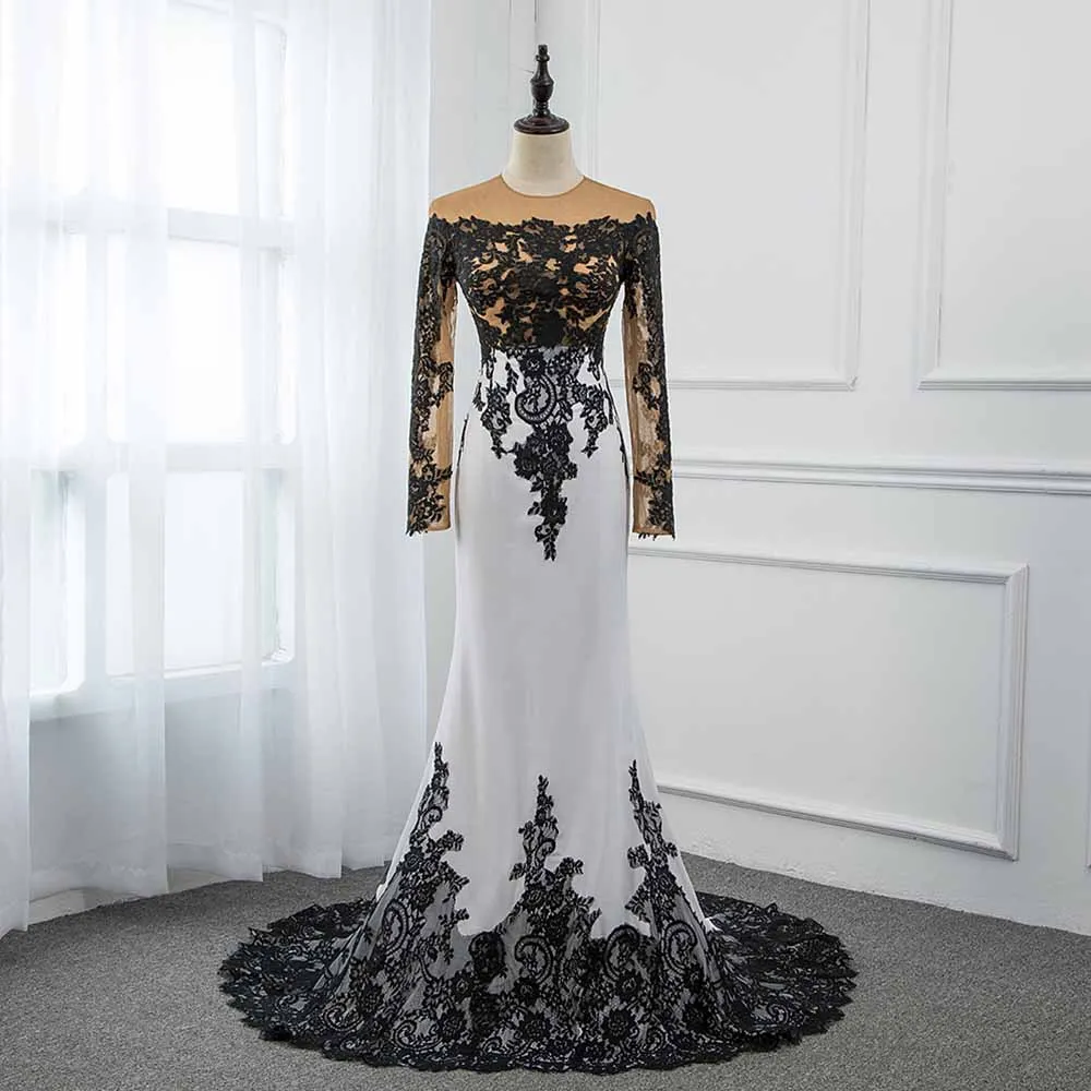 ^*Best Offers Wit Lange Avond Prom Dress Mouwen Applicaties black lace sweep trein Formele Vrouwen Gown Robe De Soiree