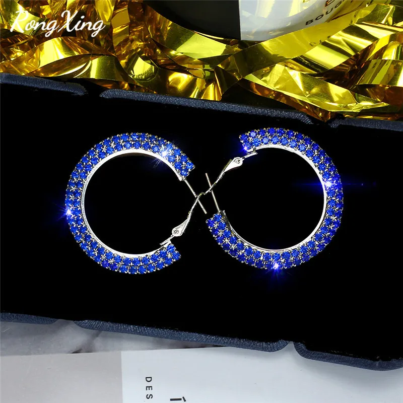 

RongXing White/Black/Red/Blue Double Row Rhinestone Hoop Earrings for Women Vintage Fashion Birthstone Earrings Wedding Jewelry