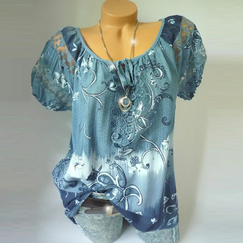 S-5XL Digital Print Lace Stitching Short Sleeve Shirt Women Blouse Casual Loose Chiffon Shirts Plus Size Tops White Blouse Blusa S-5XL Digital Print Lace Stitching Short Sleeve Shirt Women Blouse Casual Loose Chiffon Shirts Plus Size Tops White Blouse Blusa