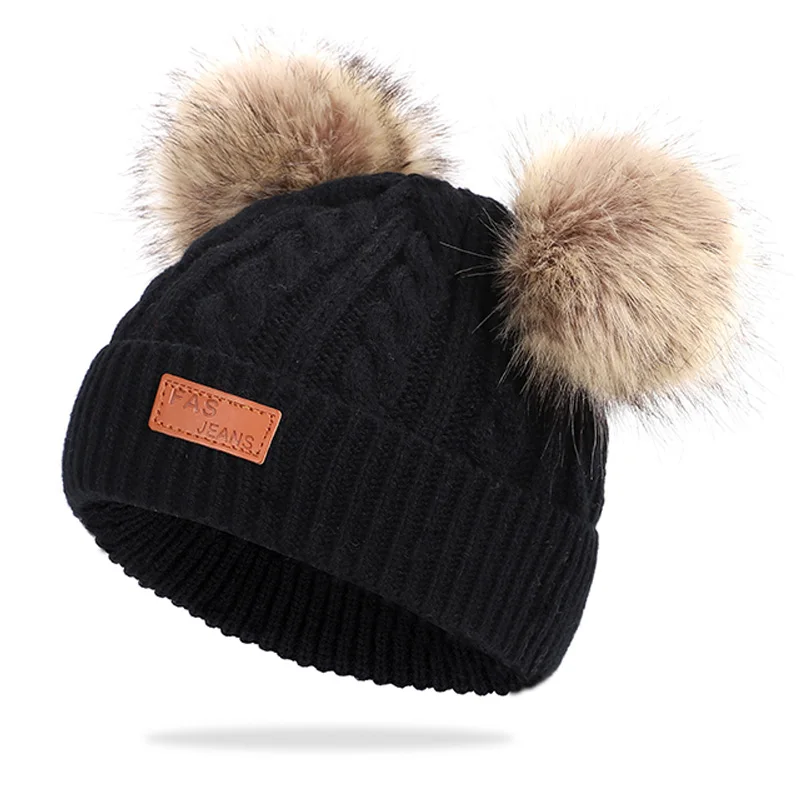 Детская шапка, вязаная Милая шапка для девочек, BoysBig Pom pom Beanie, детские шапки для девочек и мальчиков, теплая вязаная зимняя детская шапка из натурального енота F - Цвет: Black-1