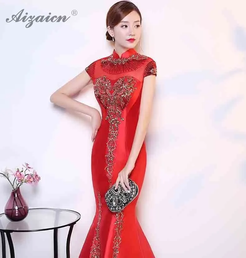 Современный зеленый вышивка Cheongsam хвост русалки Длинные Qipao Fsahion платья с блестками женское китайское вечернее платье Восточный стиль