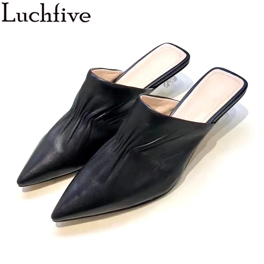 

Luchfive Wrinkled Pointed Toe Muller Slippers Clear Crystal Kitten Heel Fashion Leather Summer Outdoor Shoes Women Off White