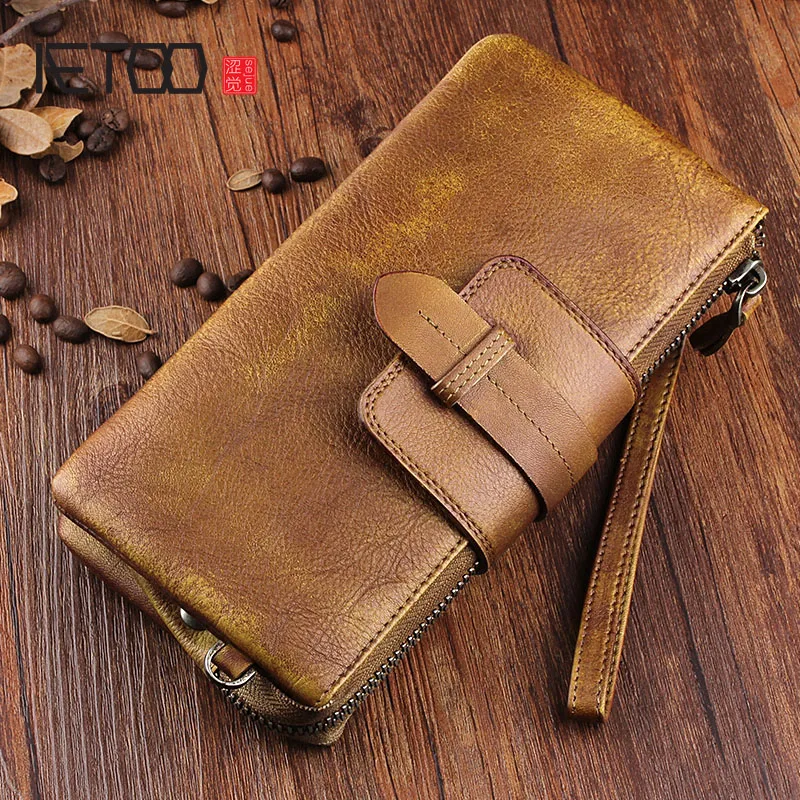 

BJYL Tanned leather men's wallet long section zipper leather hand-made retro soft leather handbag to do young women's clutch