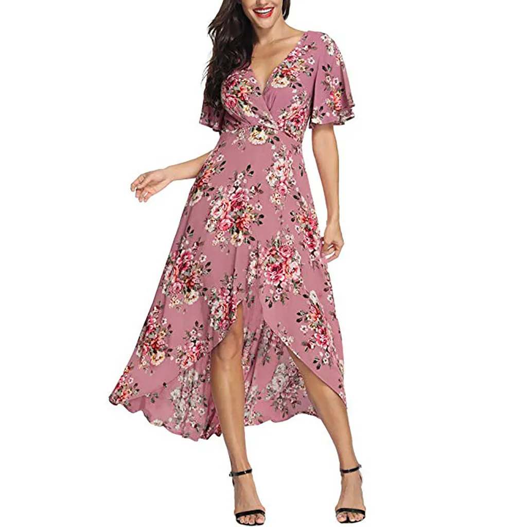 

Summer dress women boho Women Summer V Neck Short Sleeve Floral Print Beach Party Wedding Long Dress #N05