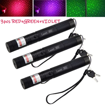 

3PCS/Lot Green&Red&Violet Laser Pointer Pen Light 10 miles Military Visible Beam Burning Powerful device Adjustable Focus Lazer