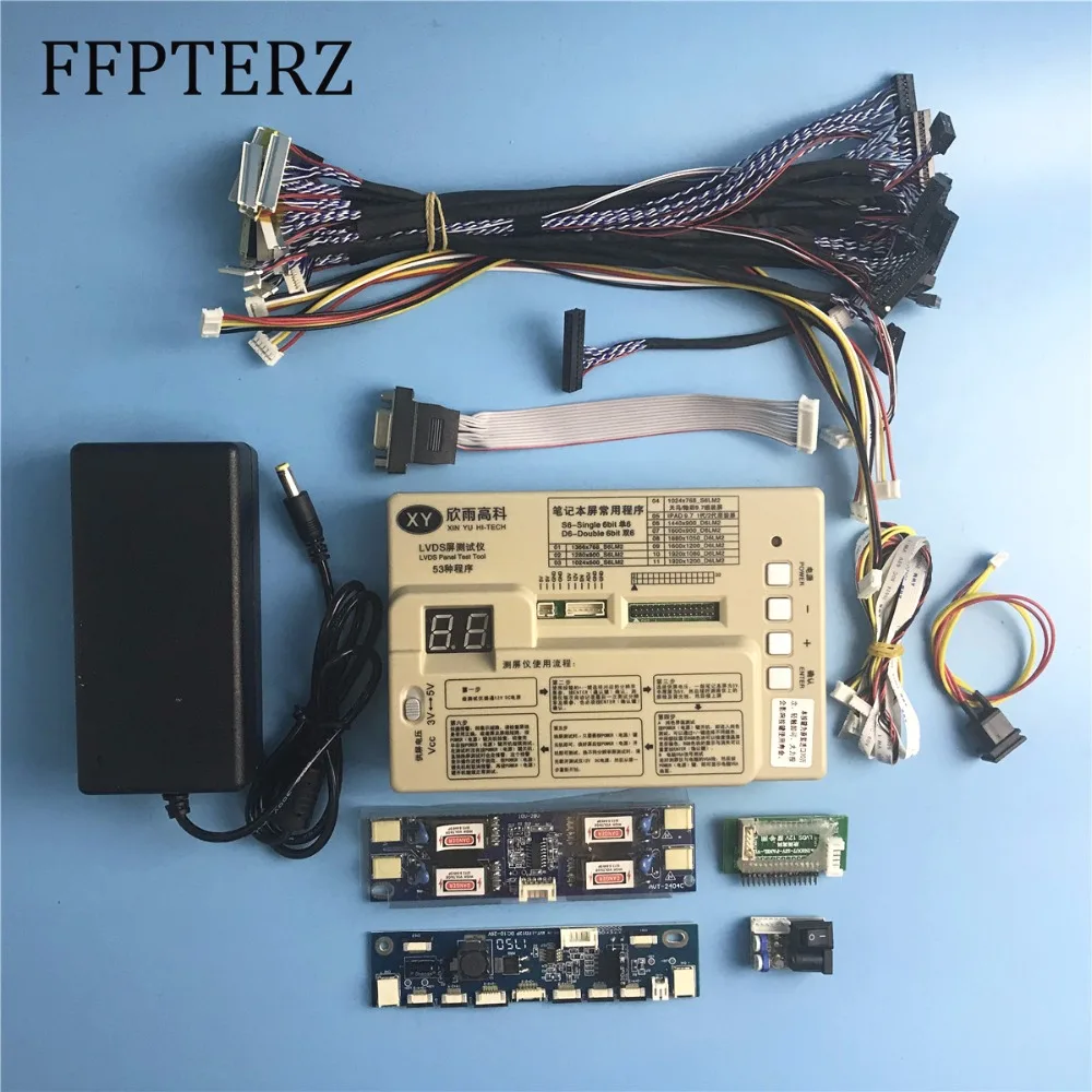 

LCD / LED Screen Panel Tester Tool Built-in 53 Kinds Program w/ English Instruction VGA Inverter LVDS Cable Support 7-65''