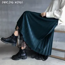 Демисезонный золото бархат юбка в складку Для женщин кружевной эластичный Высокая талия юбка миди