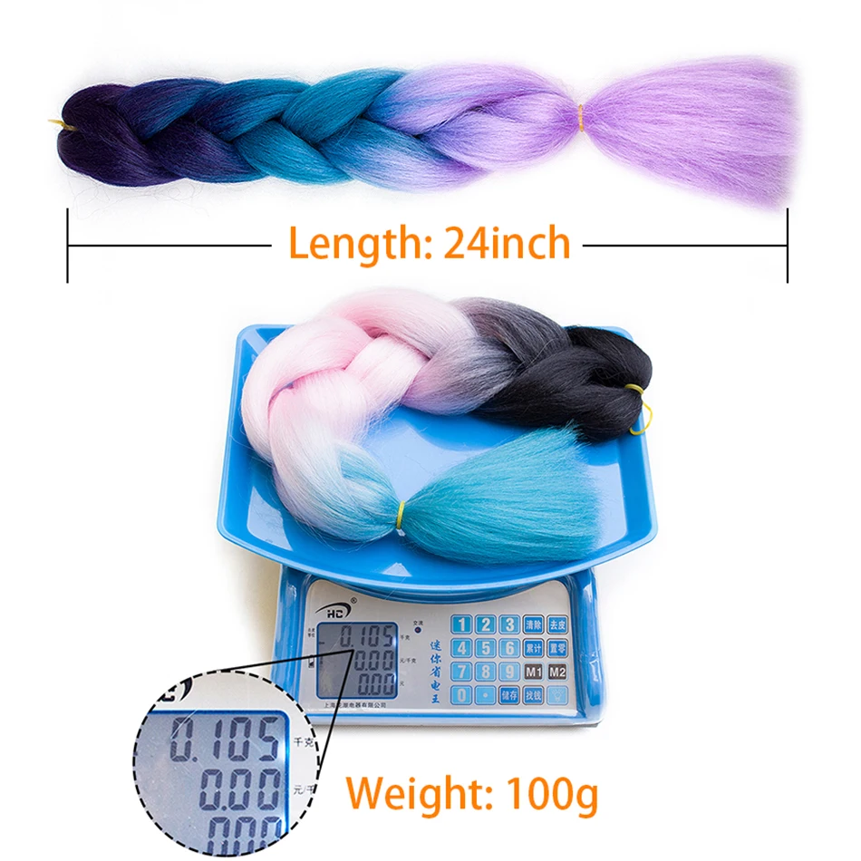 Plecare синтетическая оплетка, Омбре, косички, огромные косички, вязанные волосы, удлинение, голубое, розовое, фиолетовое волокно, 24 дюйма, 100 г
