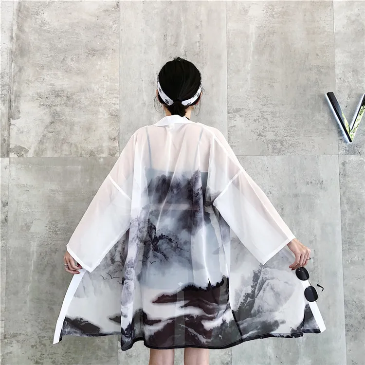 Landscape Print kimino Blouses Sunscreen Harajuku Summer women Tops and blouses plus size Chiffon Cardigans