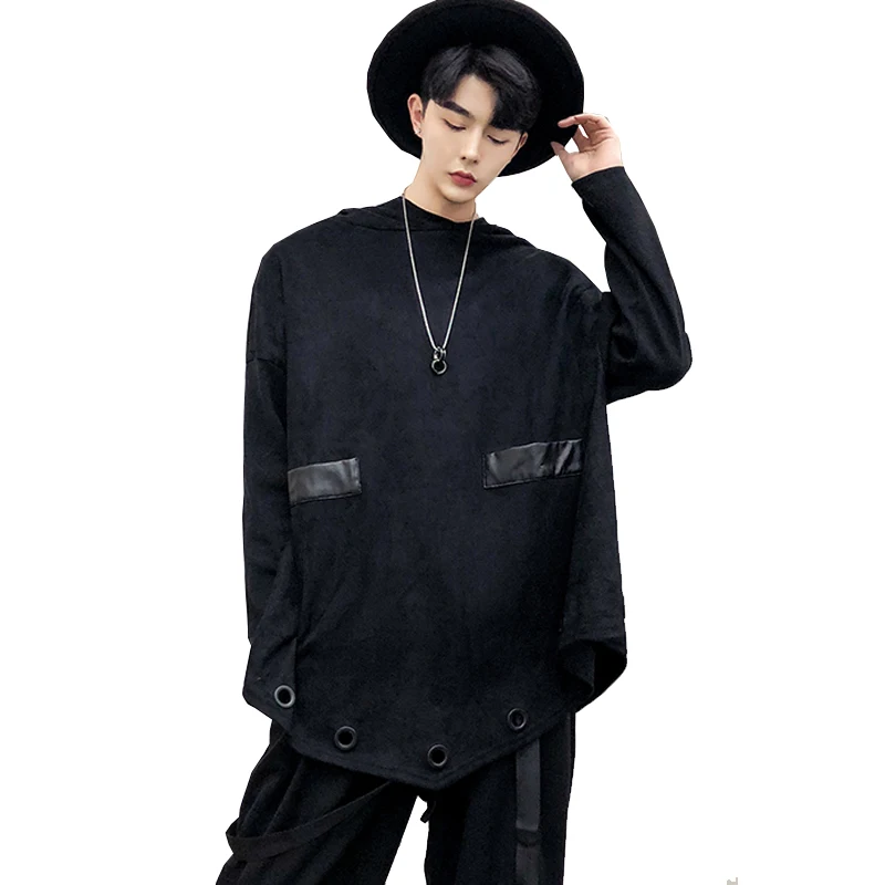 

Korean Hip pop Clothes Dark Eye-catching Irregular Hem Hooded Sweatershirt Bat Sleeves Suede Clothing Super Handsome Boyfriend