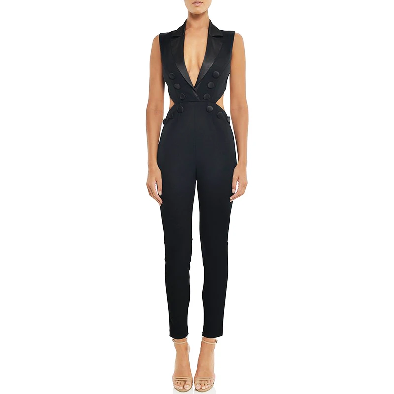 Beateen 2018 Black Cut Out Backless Sexy Jumpsuits Deep V Buttons Skinny Pant Full Length Women Party