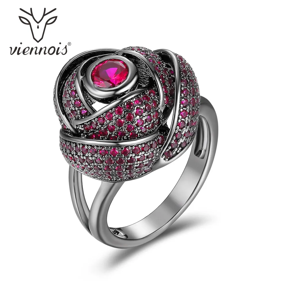 

Viennois Punk Gun Color Cocktail Rings for Women Red Rhinestone Rose Flower Female Party Rings Gothic Jewelry