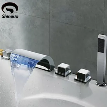 

Shinesia Deck Mounted 5 pcs Bathtub Faucet LED Waterfall Spout Mixer Taps Chrome Brass Bathroom Shower Faucet with Handshower