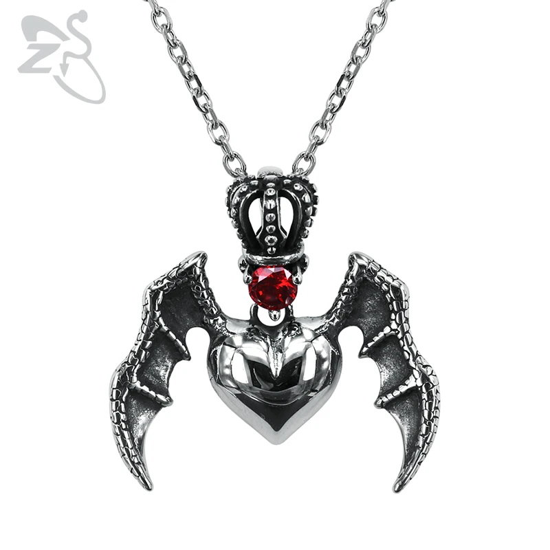 

ZS Evil Wings Heart with Red Crystal Crown Pendant Necklace Gothic Style Stainless Steel Jewelry Punk Neckalce for Men Women