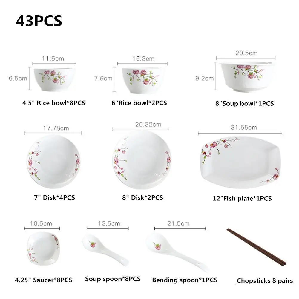 43 шт./компл. классическая белая керамическая посуда в комплекте; элегантный комплект из цветков персикового дерева узор посуда набор столовых приборов