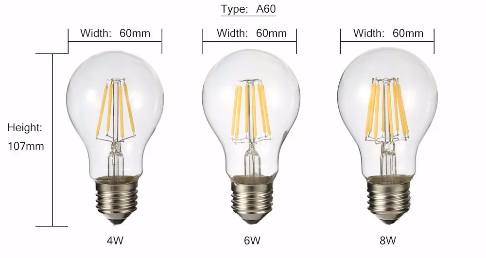 LUCKY светодиодный Ретро светодиодный светильник накаливания E27 2 Вт 4 Вт 6 Вт 8 Вт A60 винтажный светодиодный светильник Эдисона 110 В/220 В прозрачный стеклянный корпус