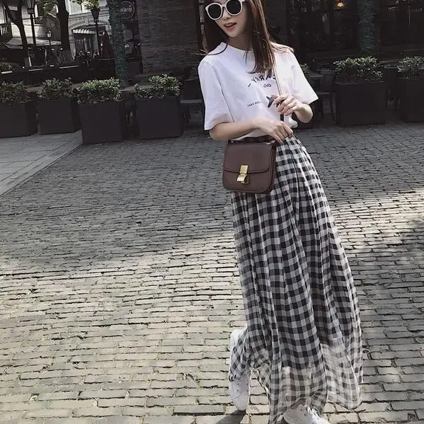 

New Plaid Long Skirt Women Cotton Linen cotton Skirts Vintage Casual Women Pleated Maxi Skirts stretch waist elegant DC124