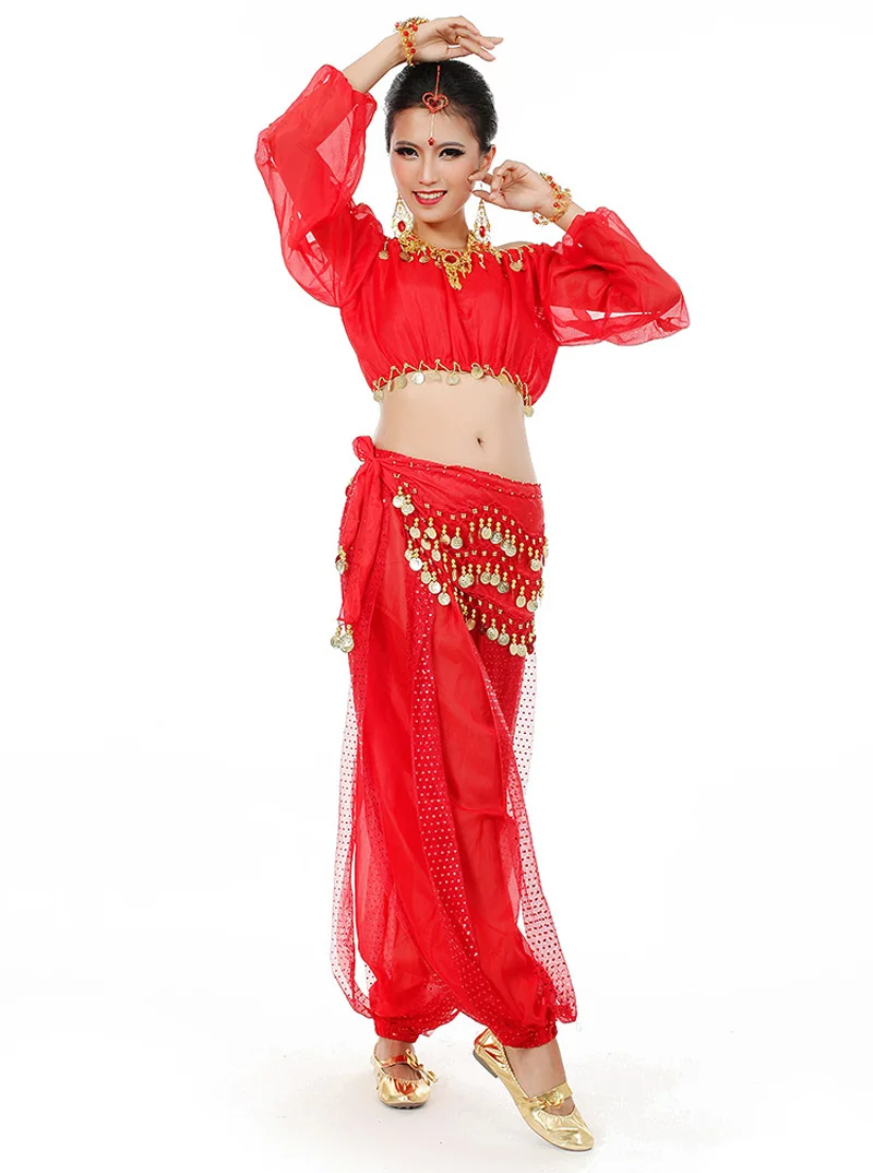 

SIYOU Women Belly Dance Costume Indian Boddywood Fan Dancewear Bellydance Clothing Top + Pant +Belt