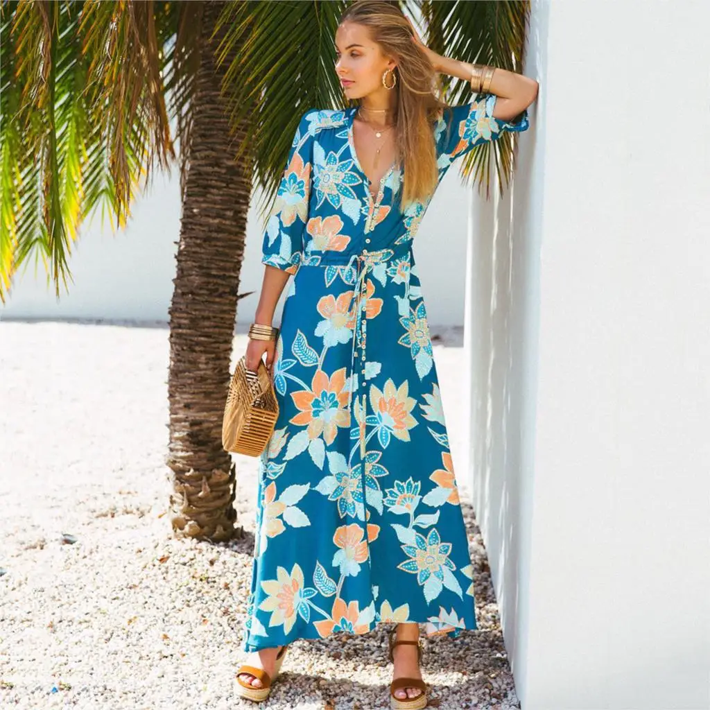 

Jastie Vintage Floral Print Dress V-Neck Half Sleeve Spring Summer Dresses Bohemian Beach Maxi Dress Casual Women Vestidos 2019