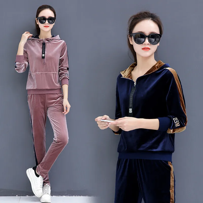 

Autumn sportswear sports suit for women long sleeve velvet hooded hoodies sweatshirt+pants leisure running jogging set tracksuit