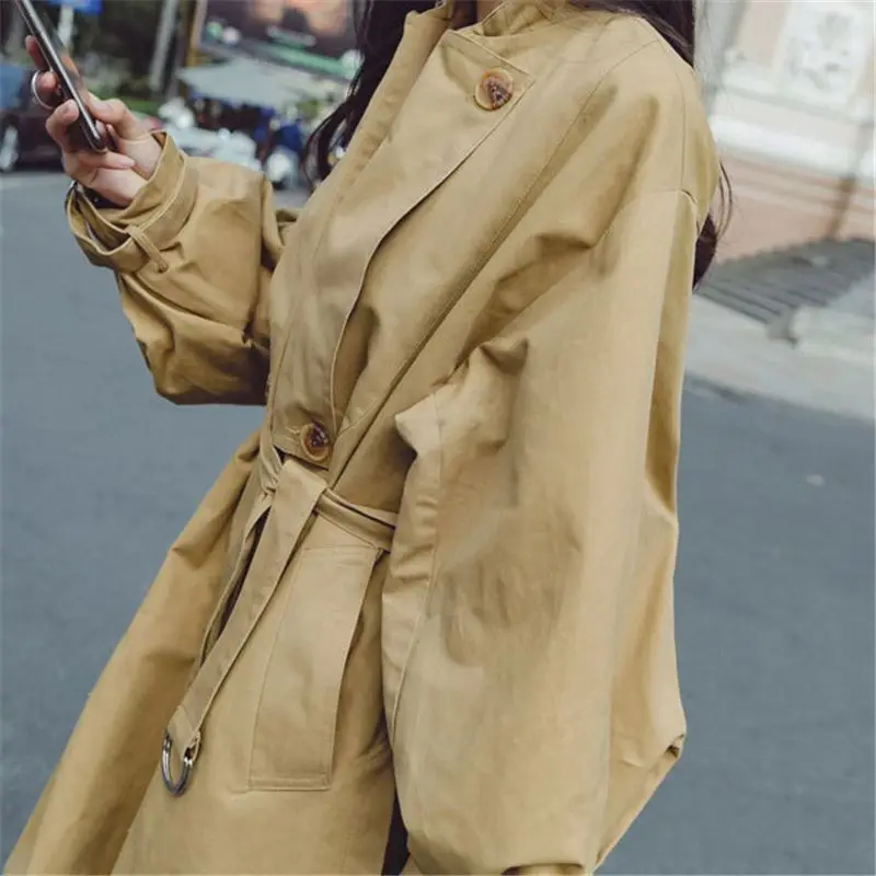 Корейский женский осенний классический нерегулярный длинный Тренч пальто женский OL винтажный с рукавом-фонариком свободные верхняя одежда пальто большой размер O640