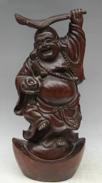 

JP S61 20" Chinese Buddhism Rosewood Yuan Bao Stand Happy Laugh Maitreya Buddha Statue