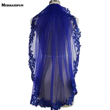 Настоящая фотография, голубая кружевная короткая свадебная вуаль с блестками, великолепная Однослойная Фата невесты с гребнем Velos de Novia