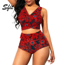 Sfit летний женский купальник с завязками сзади, высокая талия, цветочный принт, низкий вырез, бикини, набор, купальный костюм, пуш-ап, повседневный купальник, бразильские мононики