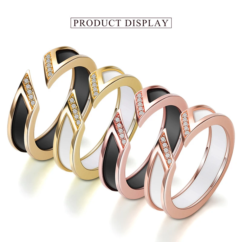 

5.3mm Width White&Black Ceramic Women Rings Coupons Open Ring with Crystals Fashion Wedding Engagement Ring