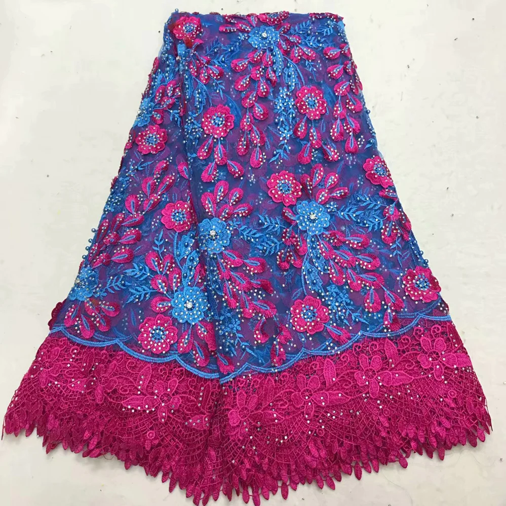 

French Lace Fabric Tulle Embroidered Flower Transparent Net Pink and blue Lace for Wedding Dress Sewing accessories And stones