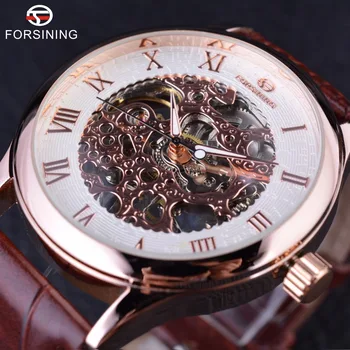 

Forsining Classic Hollow Skeleton Stylish Design Brown Leather Mens Watches Top Brand Luxury Casual Mechanical Watch Clock Men
