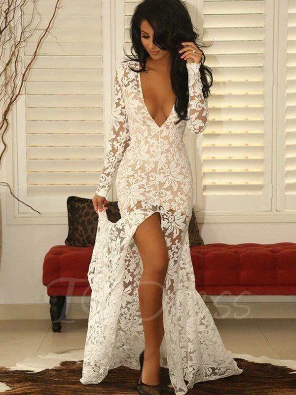 2017 Sexy Hot Пром Dress Русалка Белый Глубокий V-образным Вырезом Кружева Высокая Сплит