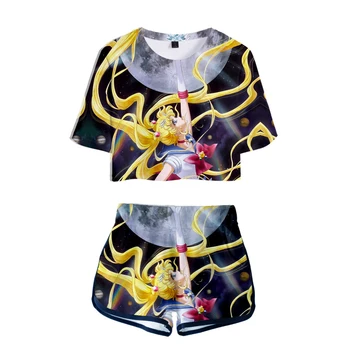 

2019 hot Summer Kawaii Casual T-shirt sailor moon sexy 3D T-shirt printing women's 3D fashion T-shirt + shorts two-piece xs-xxl