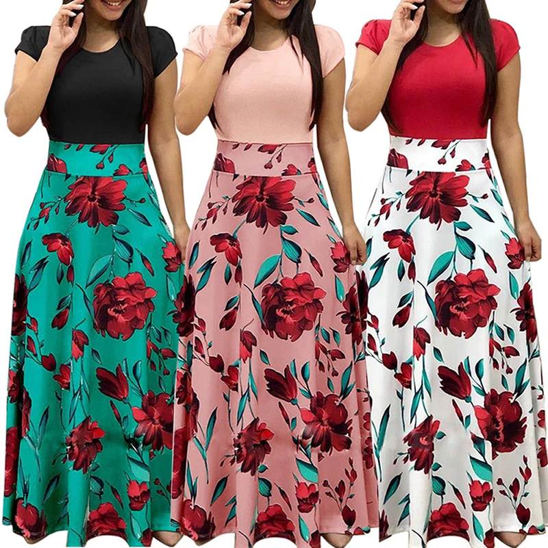 

Fashion 2019 Boho Maxi Summer Dress Women Short Sleeve Print Long Dress Feminine Summer Elegant Beach Floral Dresses Vestidos