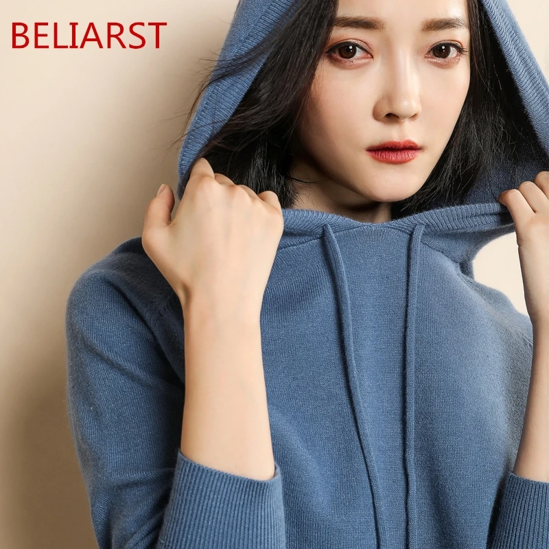 

BELIARST Spring Ball New Cashmere Sweater Women Hooded Collar Pullover Solid Color Knitted Short Jacket Fashion Casual
