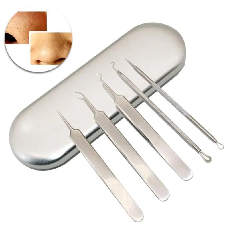 5 Pieces Acne Extractor Remover Tool Skin Care Needles Blackhead Tweezers With Iron Box Remove Black Head B4 | Красота и здоровье
