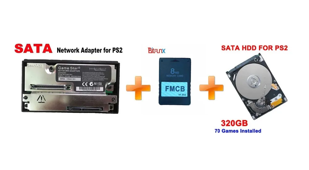 BitFunx 8 Мб FMCB + sata-адаптер для жестких дисков + 320 GB SATA HDD с 70 игры, установленные для PS2 жирная консоль для playstation 2