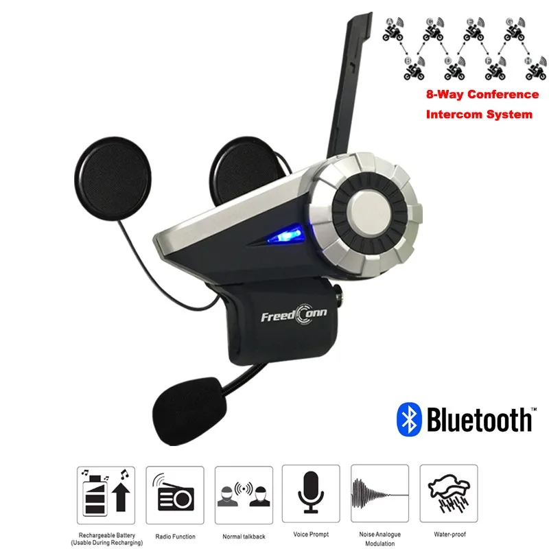 

Full Duplex Motorcycle Group Talk System 1500M 8-Way BT Interphone FM Radio Bluetooth Helmets Intercom Headset