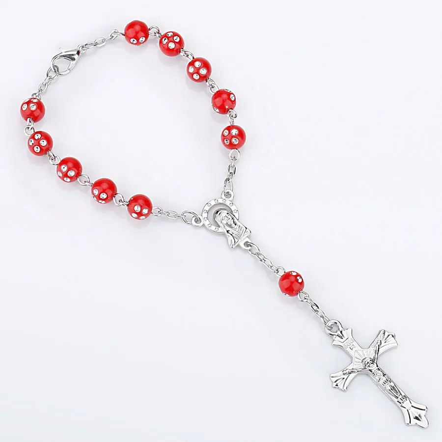 Colorful Beads Catholic Rosary Bracelet Blue Red Color Auto Rosary Car Rosary INRI Cross Mary Charms Lobster Clasp - Окраска металла: 66004622