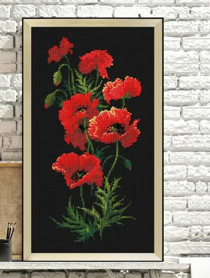 Red poppy flowers cross stitch package plant sets aida 18ct 14ct 11ct black cloth people kit embroidery DIY handmade needlework