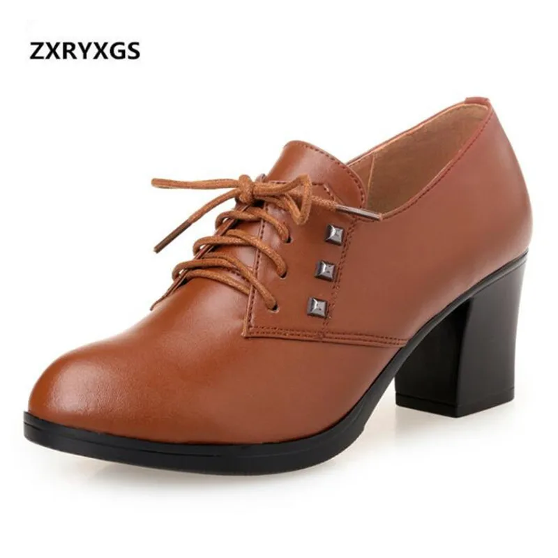 

Fashion Lace Genuine Leather Shoes Women Pumps 2019 New Round Head Women High Heel Shoes Deep Mouth Non-slip Comfort Women Shoes
