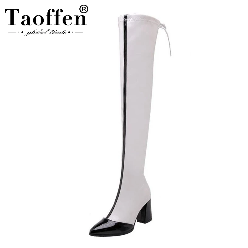 

Taoffen Woman Plus Size 32-48 White Boots Winter Fashion Zipper Pu Leather Over Knee Boots Fur Long Boots Office Ladies Botas