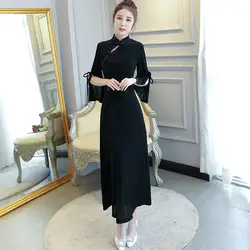 Китайские традиционные Для женщин велюровое платье черные винтажные колокольчики рукавом Cheongsam Новинка китайский торжественное платье