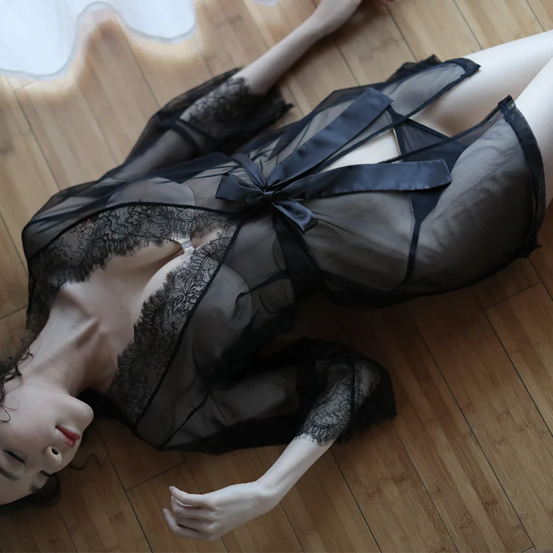 Sexy lingerie women's perspective mesh openwork pajamas sexy Valentine's couple couples toys three-point bathrobe wholesale (4)