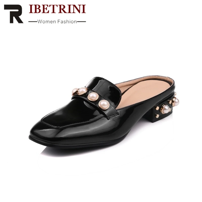 

RIBETRINI 2019 Summer Brand Hot Sale Low Heels Plus Size 32-48 Women Mules Patent Beading Shoes Woman Shallow slip-on Shoe
